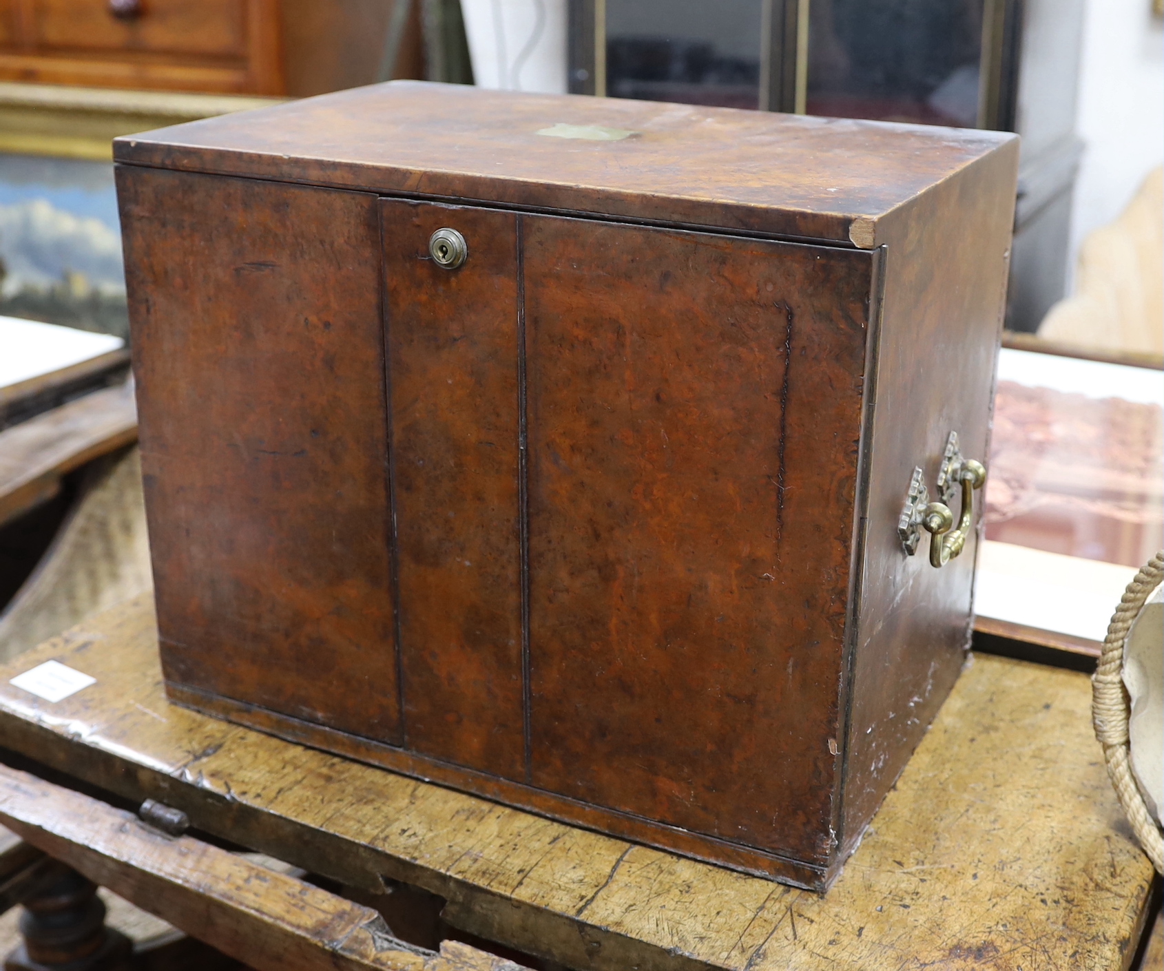 A Victorian burr walnut table top cigar cabinet, with Bramah lock (currently locked and no key) 41.5cm wide, NB: From the Estate of Rt Hon Lord Lawson of Blaby